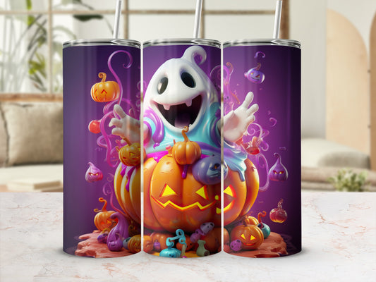 Three tumblers with a cartoon ghost and jack-o'-lanterns on a purple Halloween background.