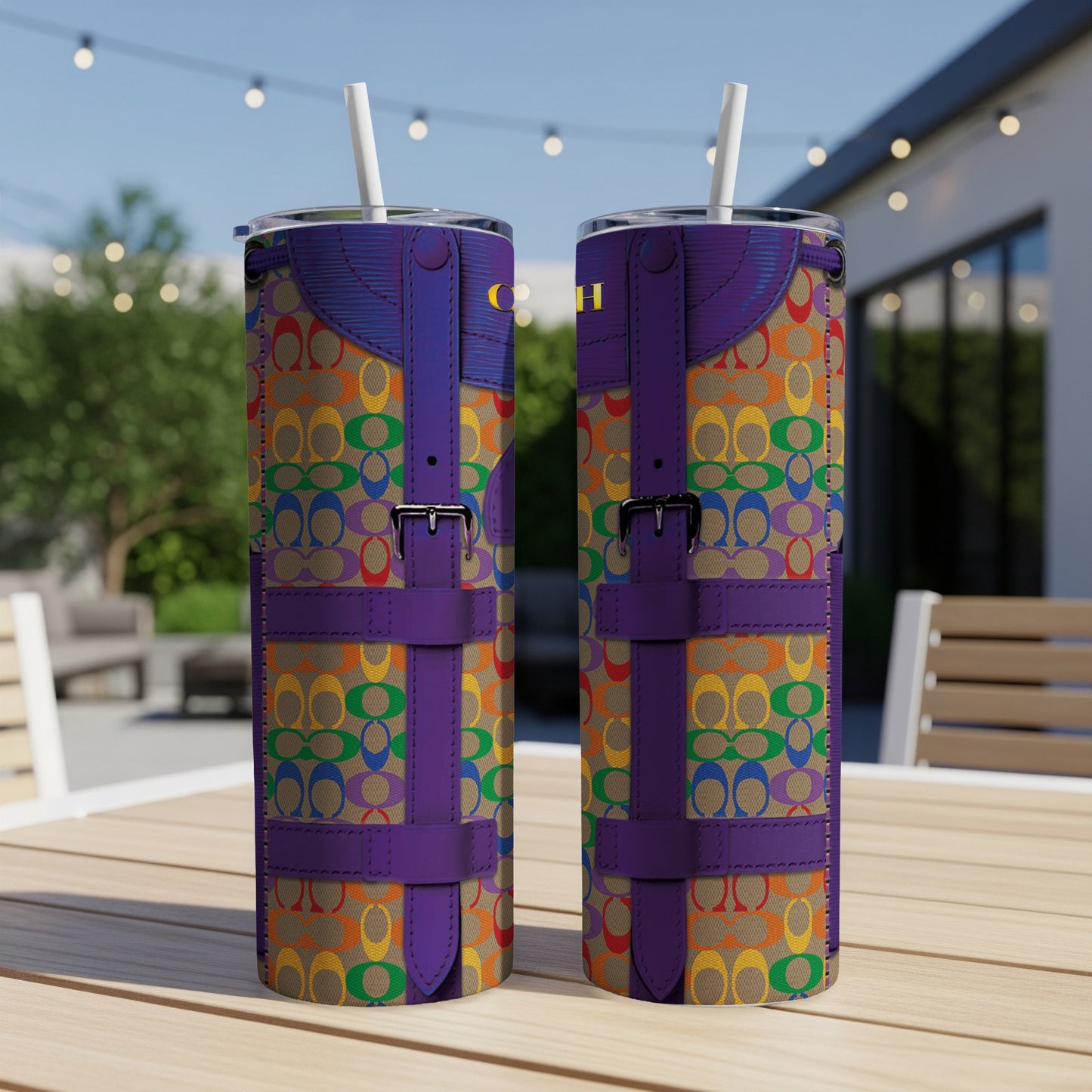 Two tumblers with rainbow patterned "C" logos and purple straps.