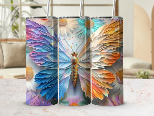 Butterfly design on three tall tumblers with colorful wings.
