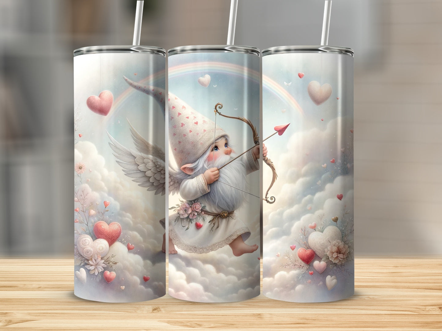 Adorable Cupid Gnome with Hearts on a Cloud tumbler
