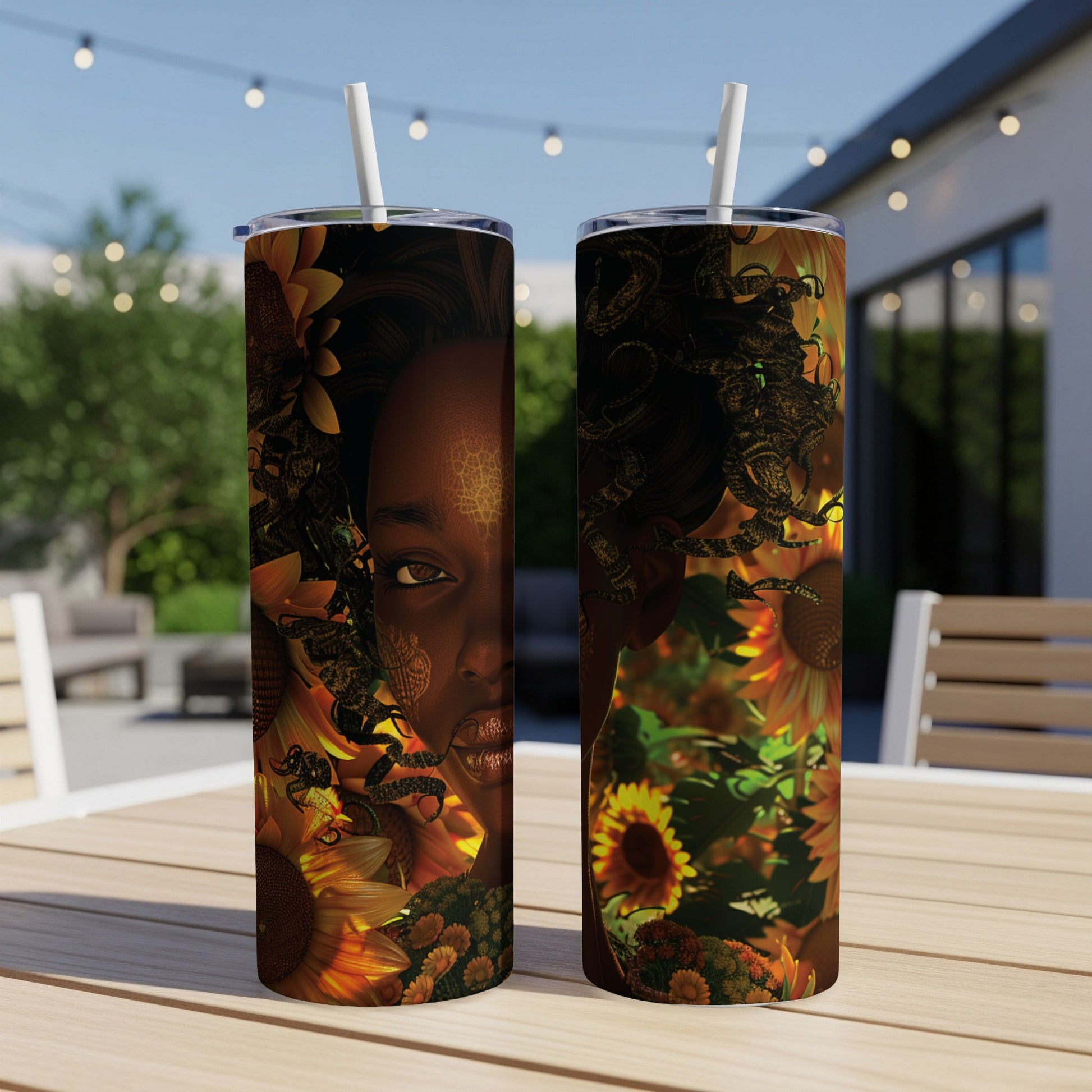 Tumbler with vibrant sun-themed art featuring a woman's face.