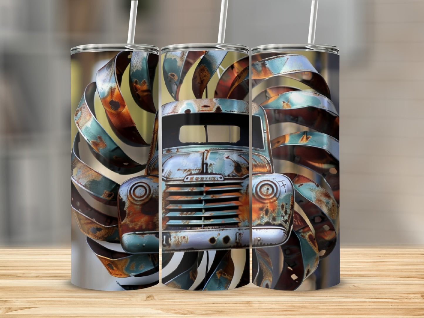 Rustic vintage truck on a wooden surface, with abstract metal background.