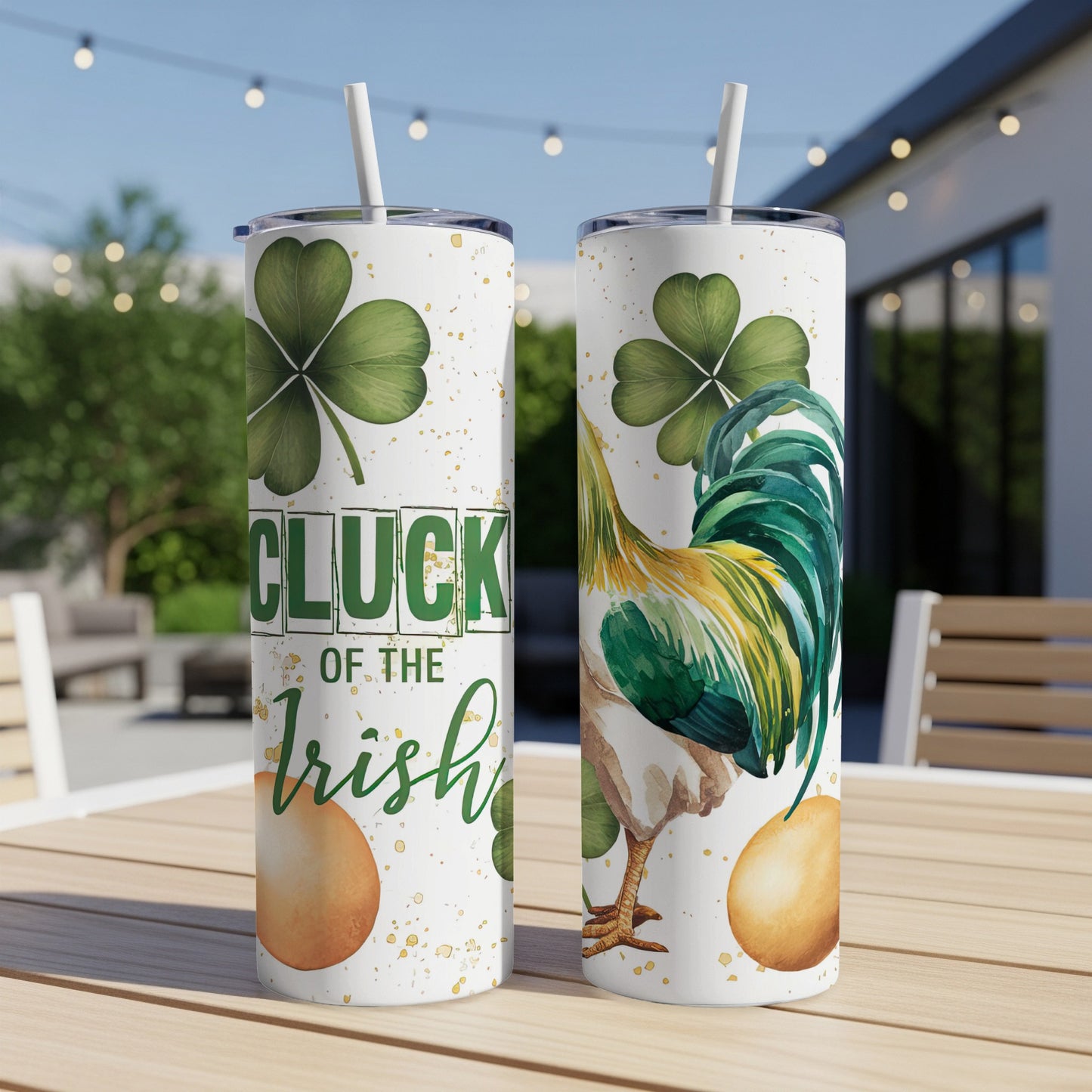 St. Patrick's Day tumbler with a rooster, shamrocks, and "Luck of the Irish" text.