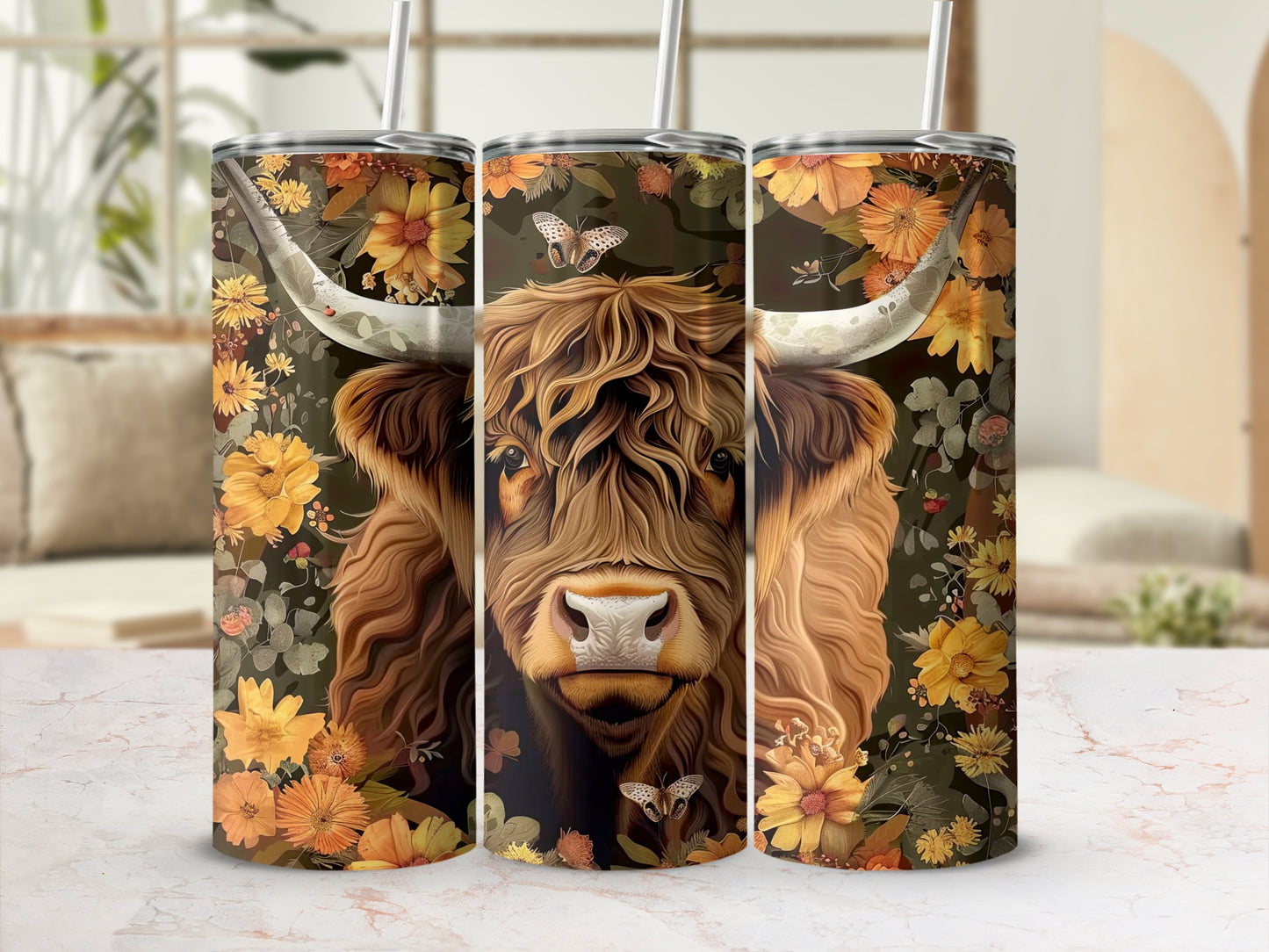 Highland cow with floral and butterfly accents on a skinny tumbler.