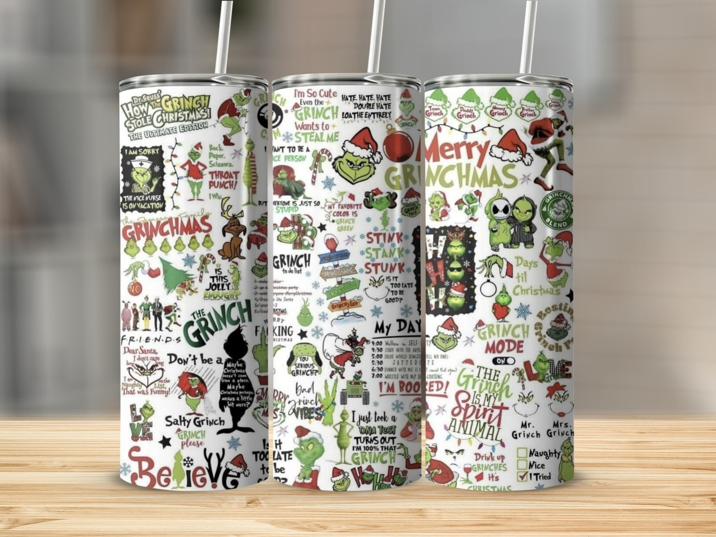 Funny Grinch Christmas Tumbler with Straw Design