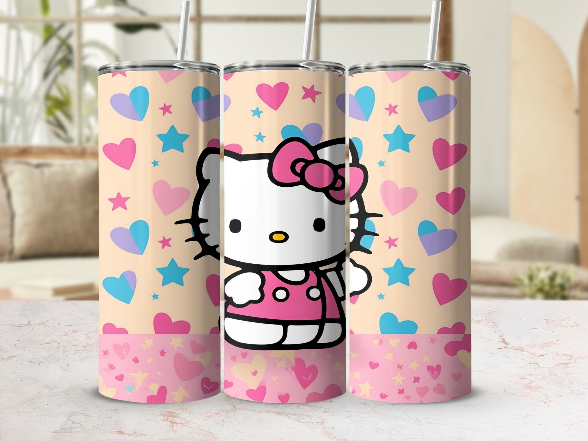 Hello Kitty tumbler with pink and blue hearts and stars on beige background.