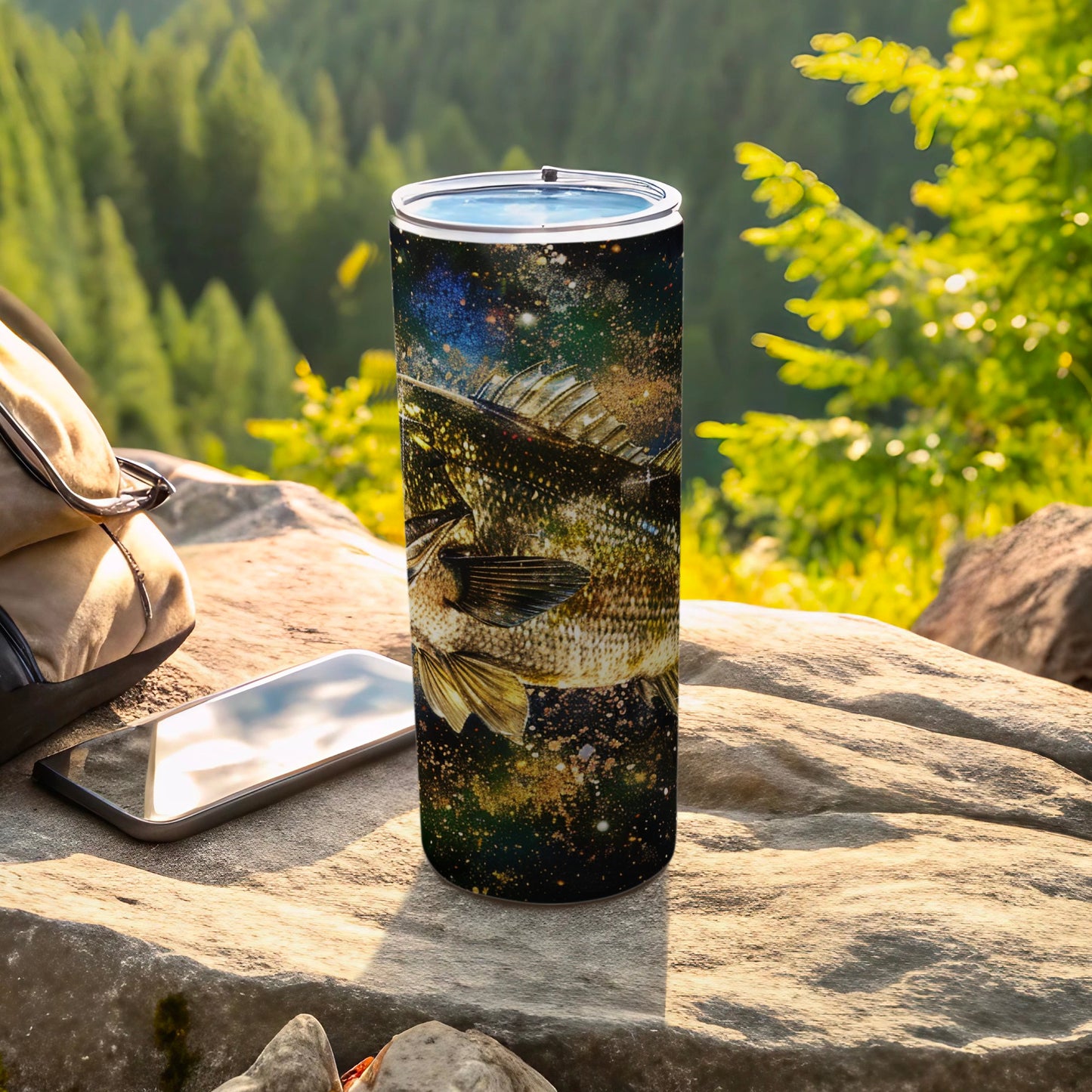 Bass fish design on a tumbler with outdoor background and backpack.