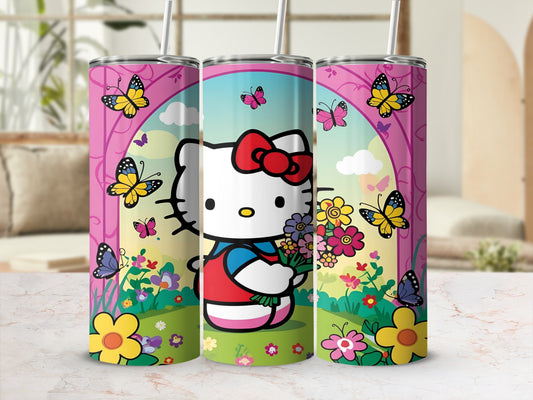 Hello Kitty holding flowers, surrounded by butterflies and colorful flowers.
