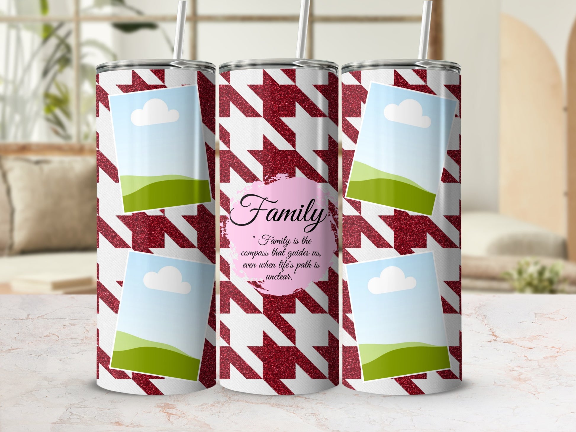 Three tumblers with houndstooth pattern, photo placeholders, and "Family" quote.