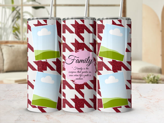 Three tumblers with houndstooth pattern, photo placeholders, and "Family" quote.