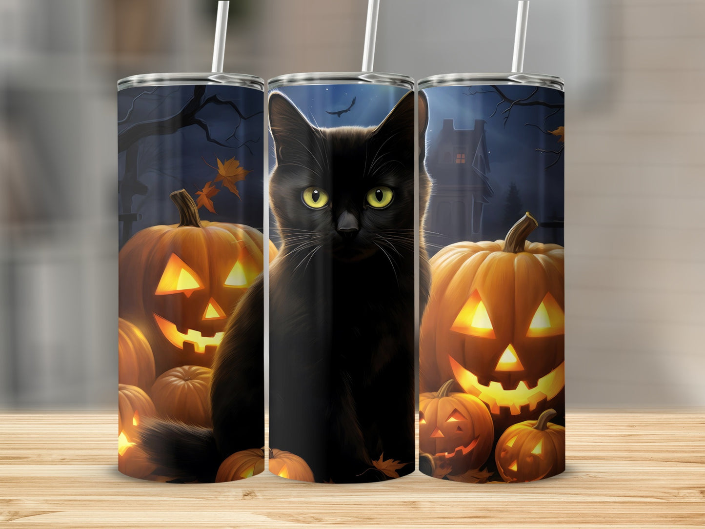 Black cat with yellow eyes surrounded by glowing jack-o'-lanterns at night.