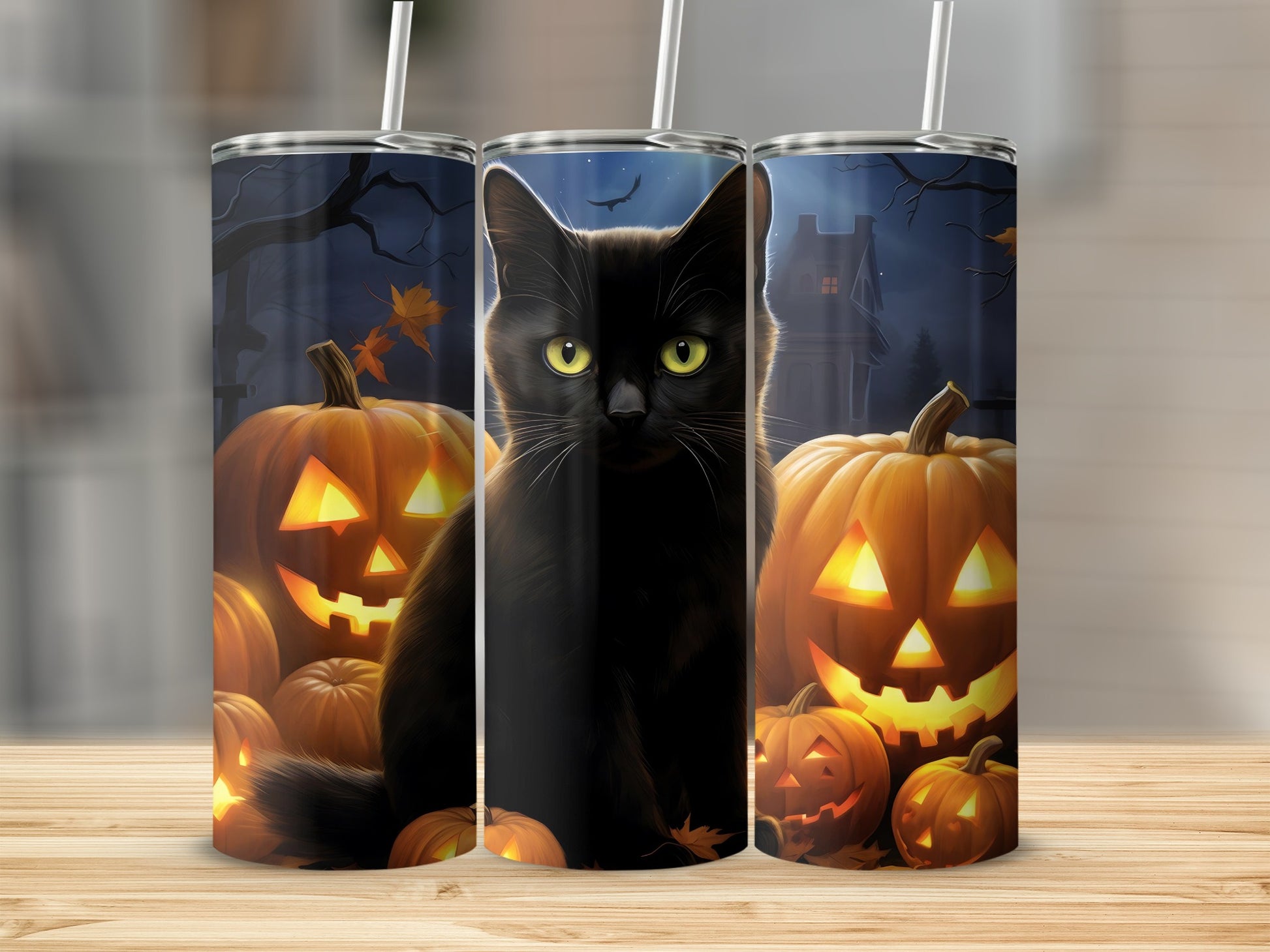 Black cat with yellow eyes surrounded by glowing jack-o'-lanterns at night.