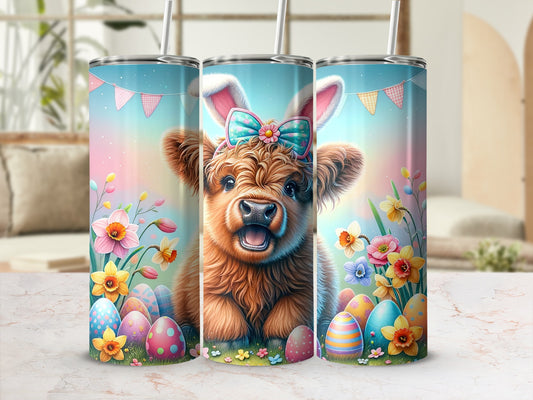 Cow with bunny ears and Easter eggs on a tumbler.