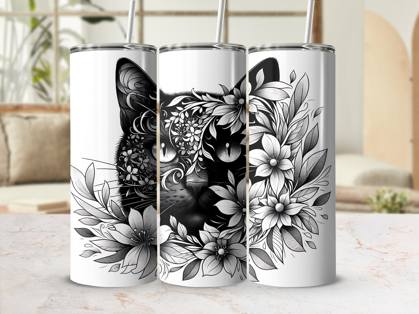 Black cat face with floral accents on three white tumblers.