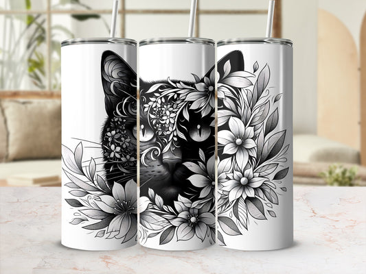 Black cat face with floral accents on three white tumblers.