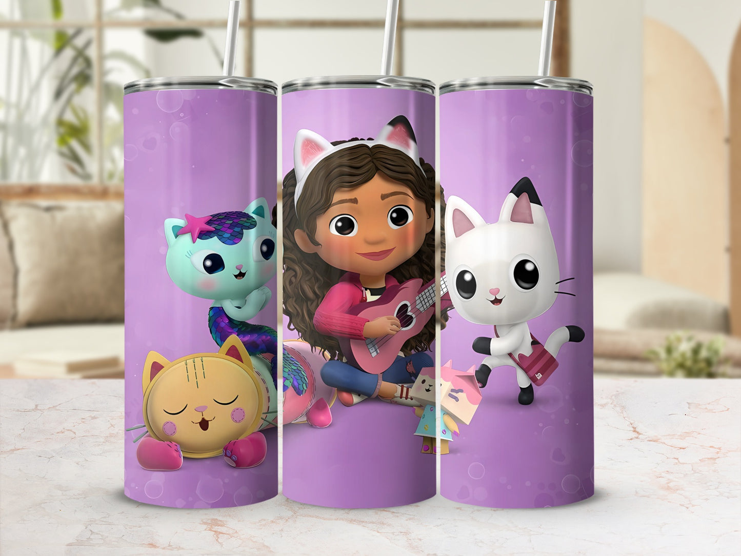 Adorable Cartoon Cat and Girl Print Tumbler