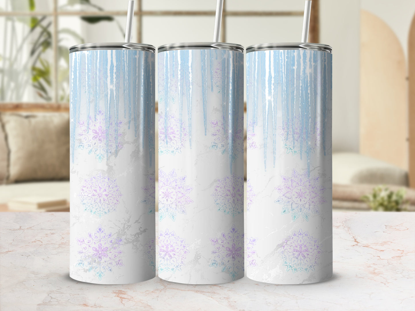 Three sublimation tumblers with a winter snowflake and icicle design.
