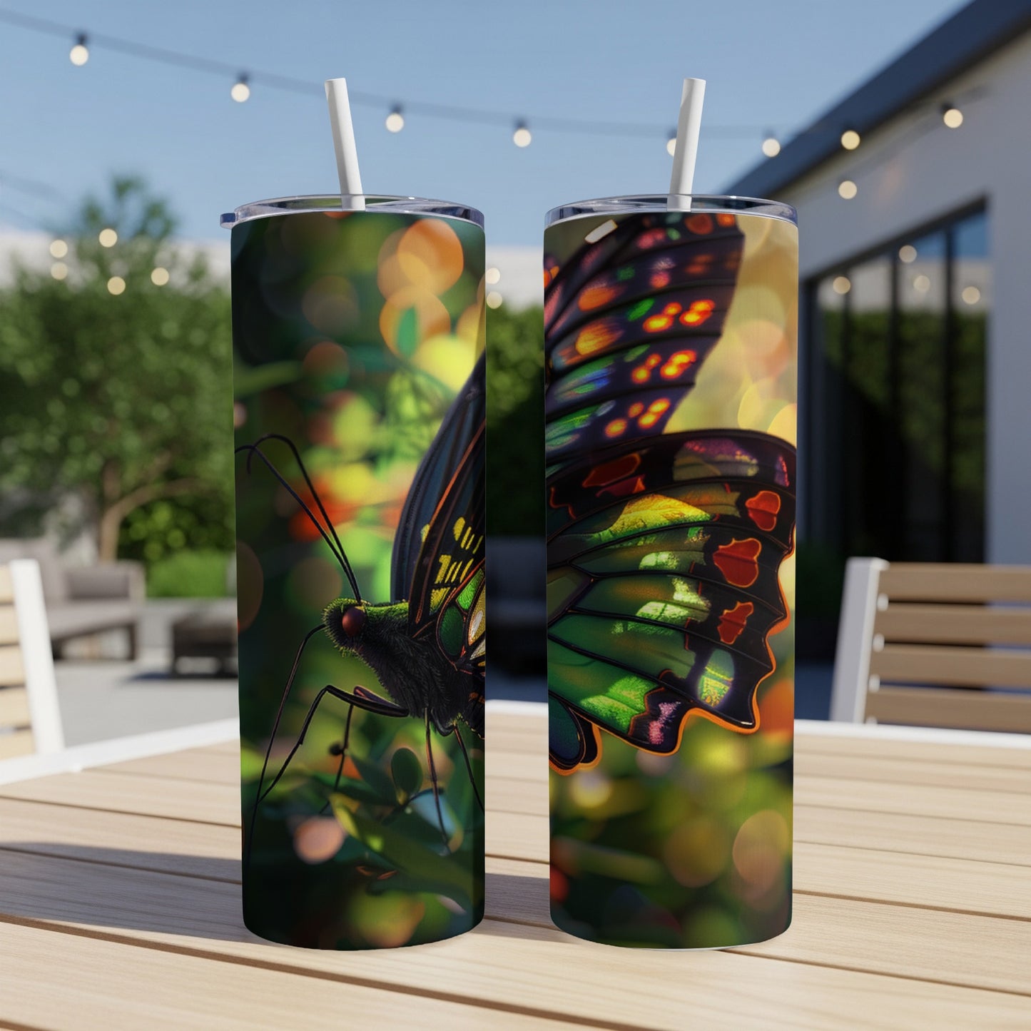 Two tumblers with a colorful butterfly design, displayed outdoors.