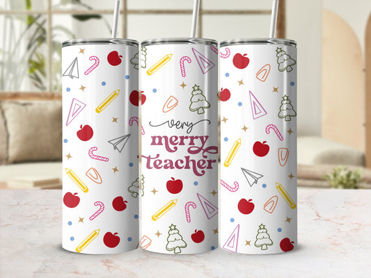 "Very Merry Teacher" tumbler with apples, pencils, and Christmas trees.