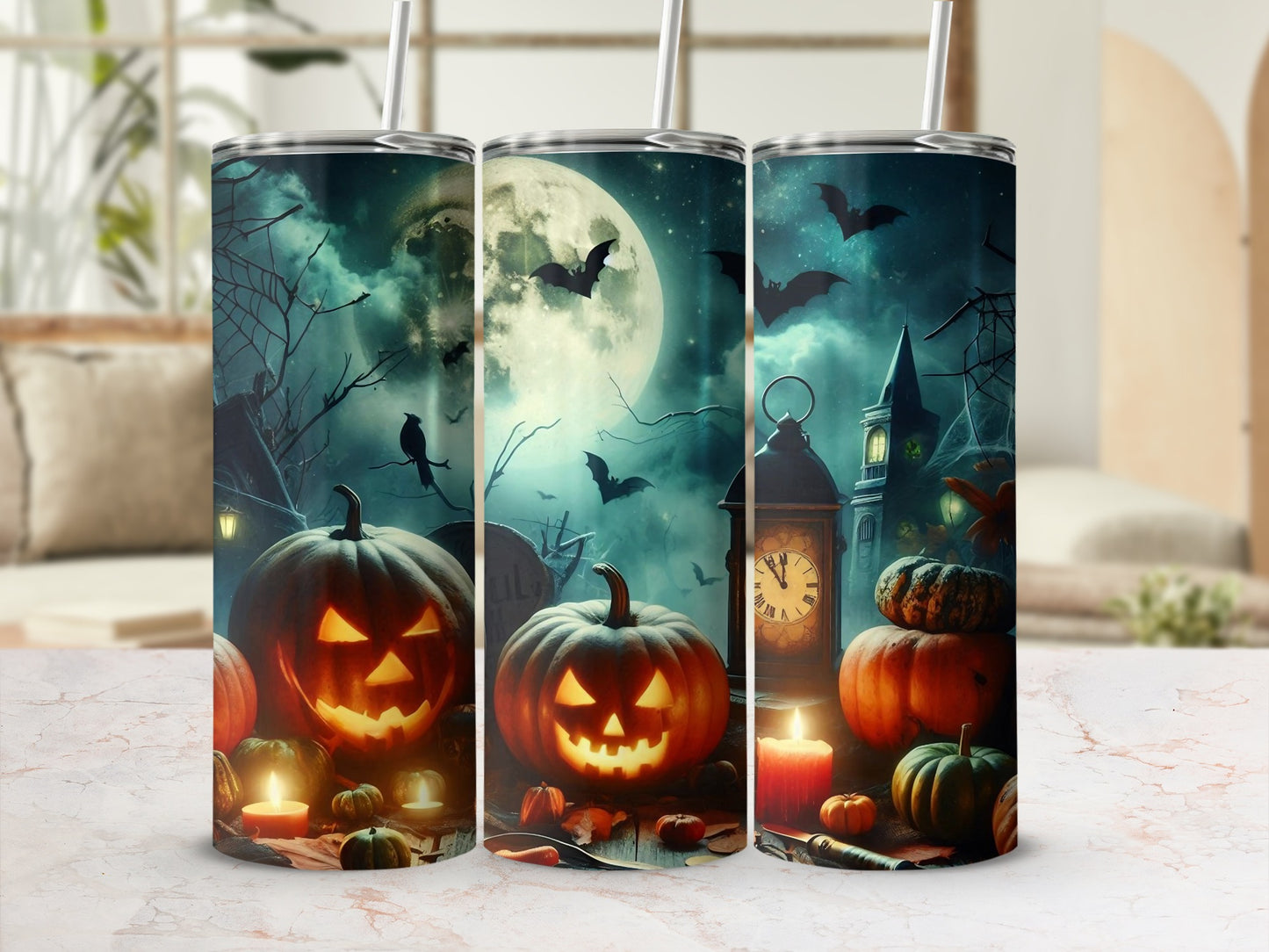 Three tumblers featuring a spooky Halloween scene with carved pumpkins, bats, and a full moon.