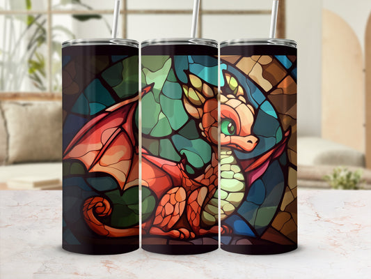 Dragon and stained glass design on a set of three tumblers.