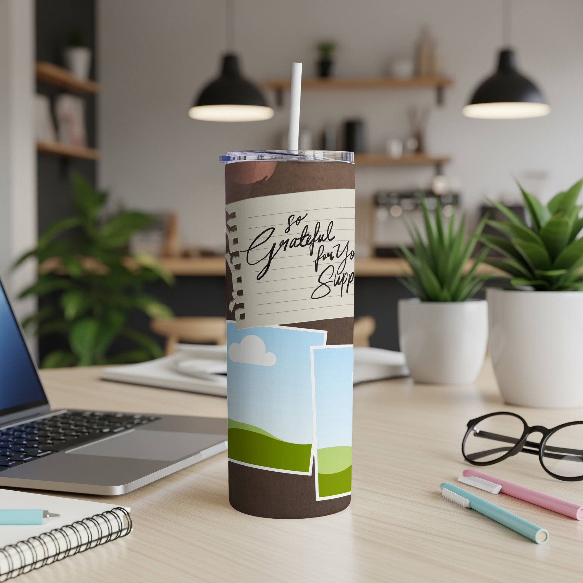Tumbler with "So Grateful for Your Support" text and scenic photo collages.