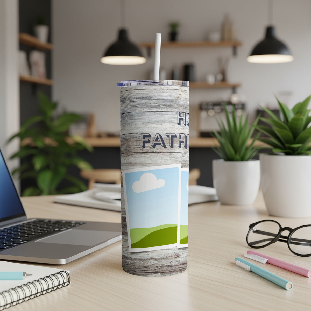 Tumbler with wood grain, "Happy Father's Day" text, and photo placeholders.