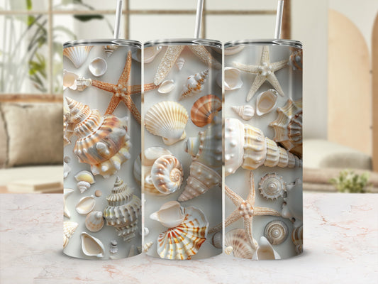 Three tumblers with seashell and starfish pattern.