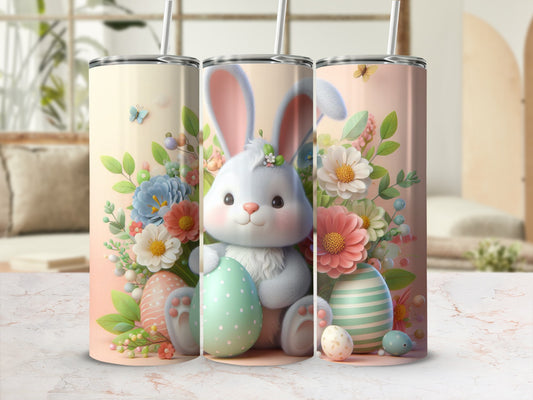 Easter bunny with eggs and flowers on pastel background.