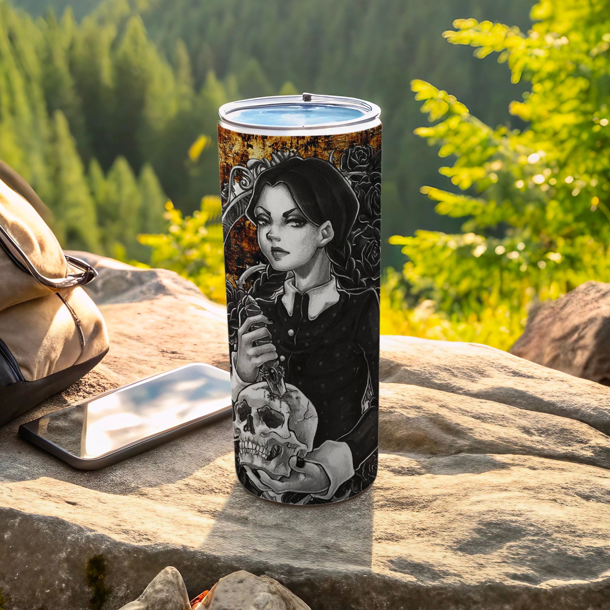 Gothic Female Holding Skull Outdoor Tumbler Flask