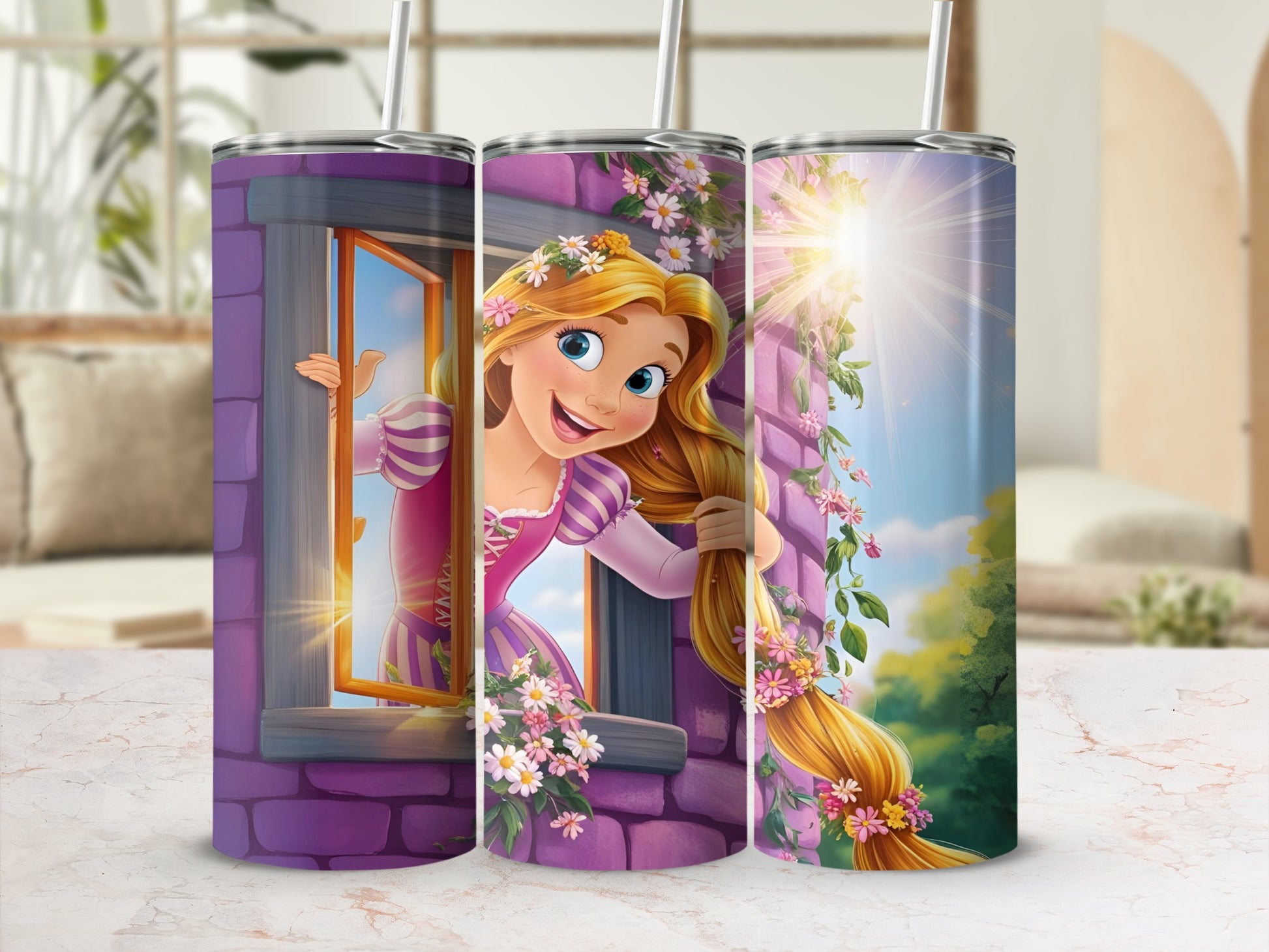 Rapunzel in tower window with long blonde hair and flowers.