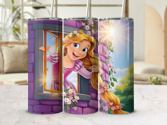 Rapunzel in tower window with long blonde hair and flowers.