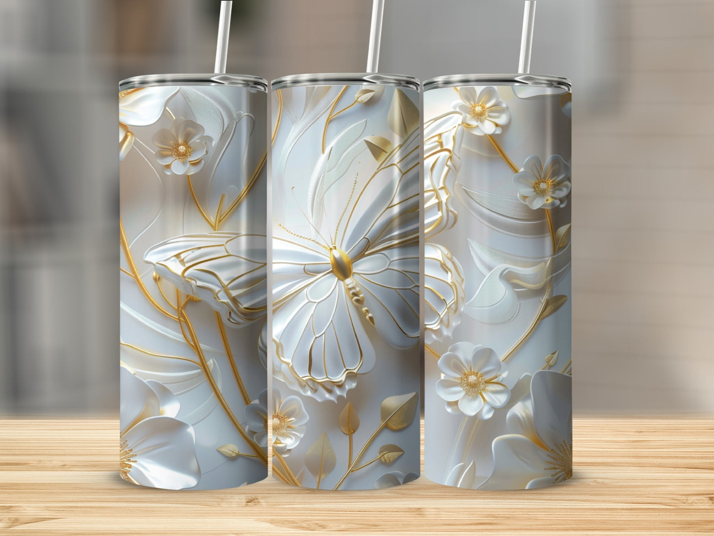 White tumbler with gold butterfly and floral design.