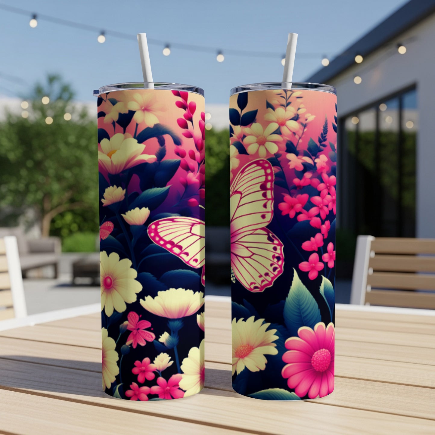 Two tumblers with a vibrant floral and butterfly design sit on an outdoor table.