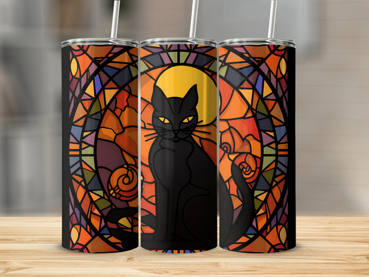 Black cat in stained glass design on three tumblers.