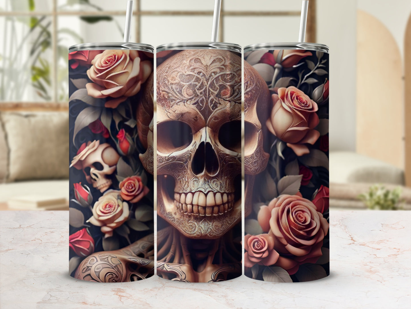 Floral skull tumbler with roses and ornate skull design.