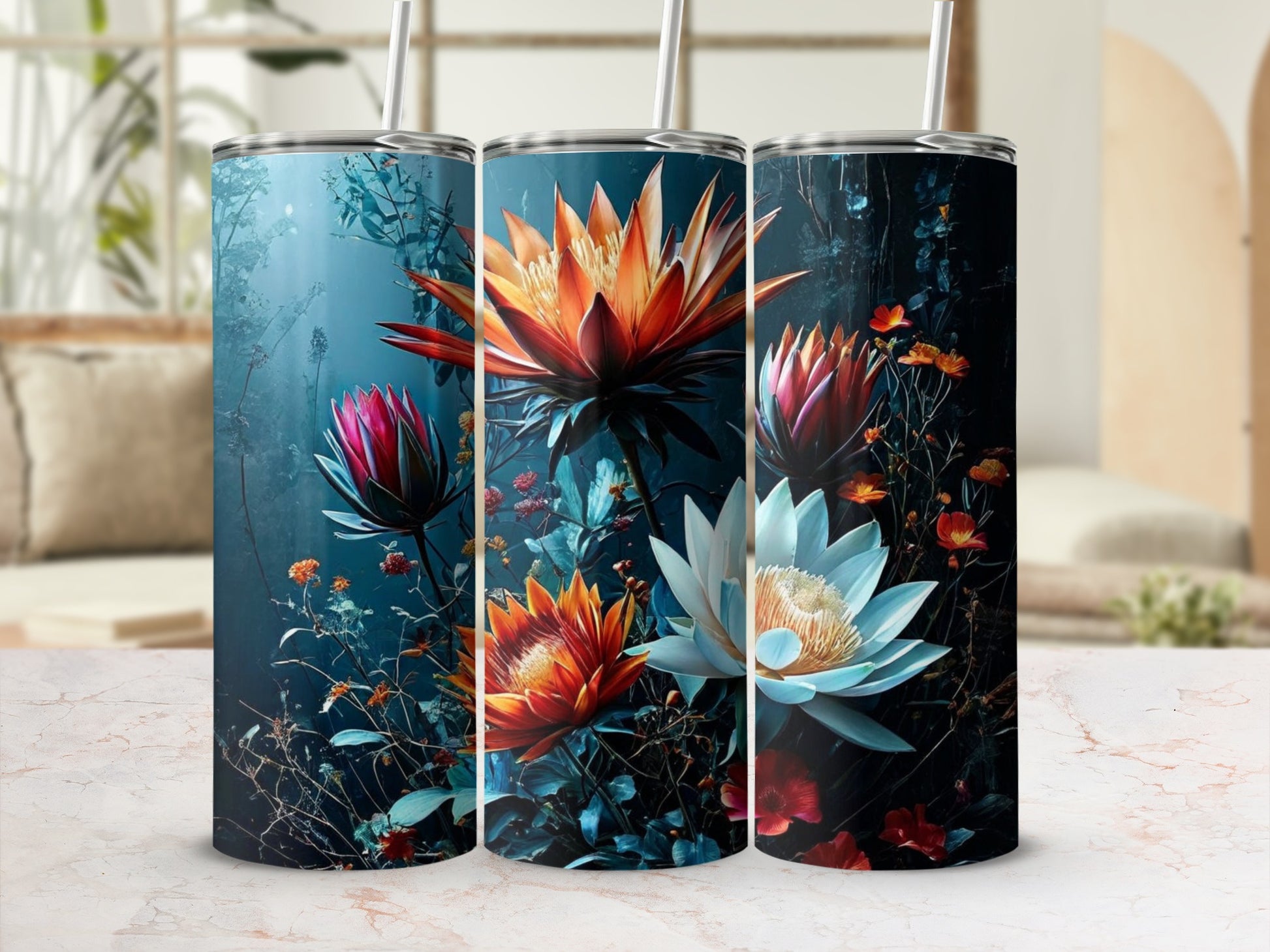 Three tumblers featuring vibrant floral designs with exotic blooms and leaves.