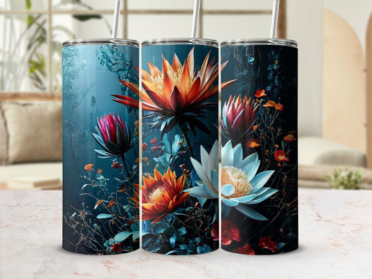 Three tumblers featuring vibrant floral designs with exotic blooms and leaves.