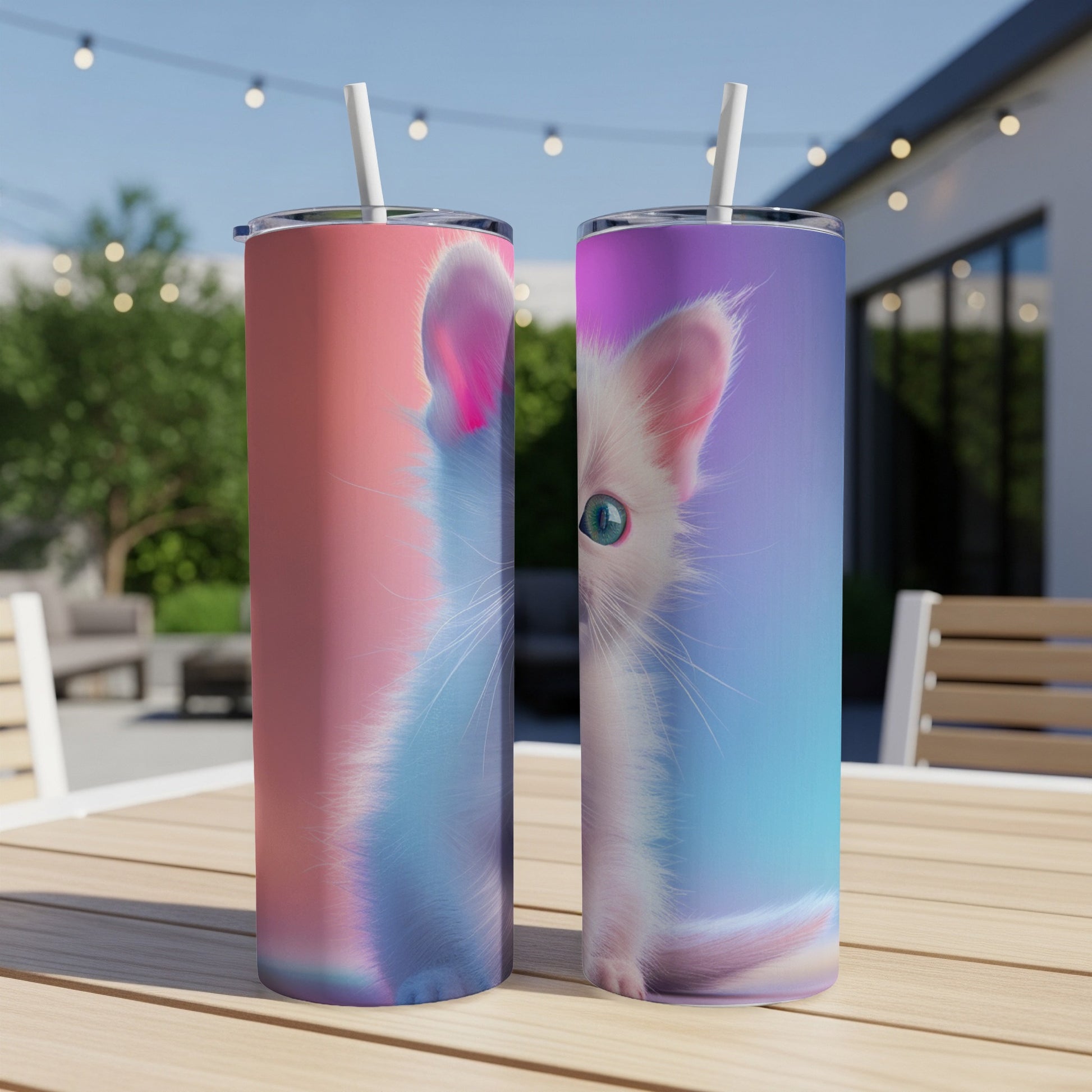 Two tumblers with a white cat peering out, set against a gradient background.