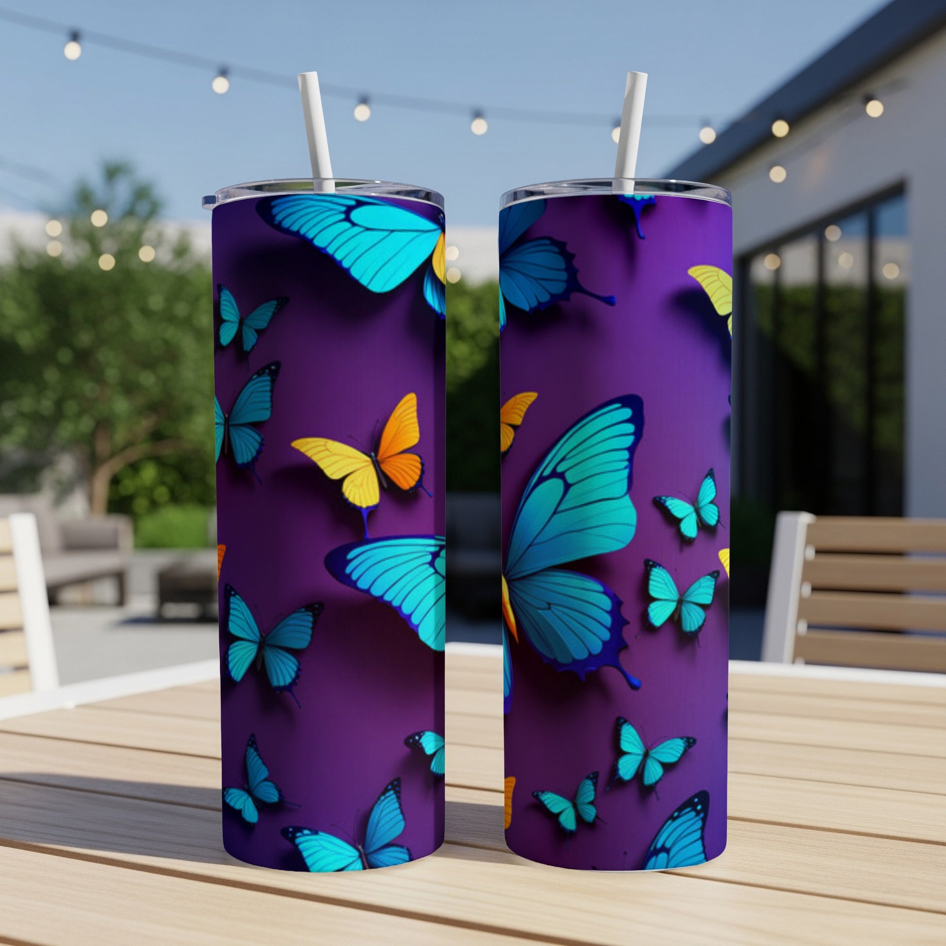Purple tumbler with vibrant blue and yellow butterflies.