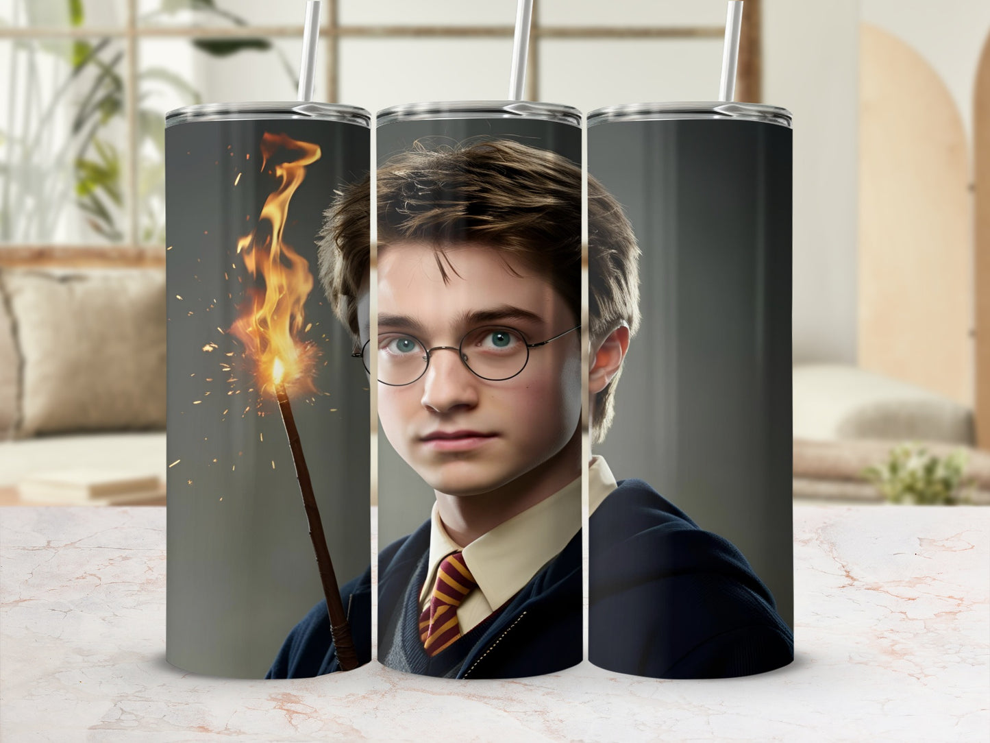 Harry Potter with glowing wand in a three-panel tumbler design.