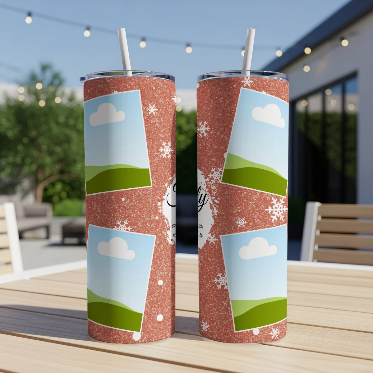 Two glittery red tumblers with photo frames, clouds, and snowflakes.