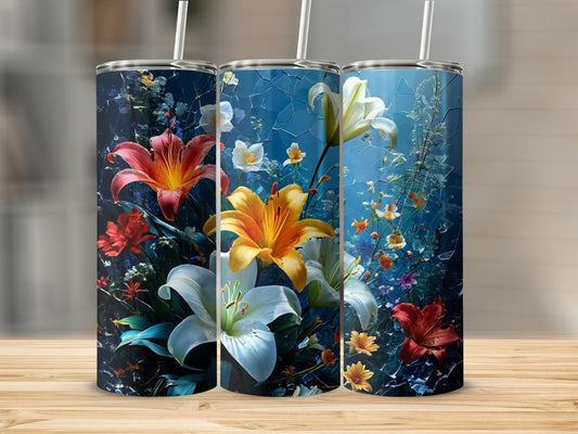Three tumblers with floral designs, featuring lilies and other colorful flowers.