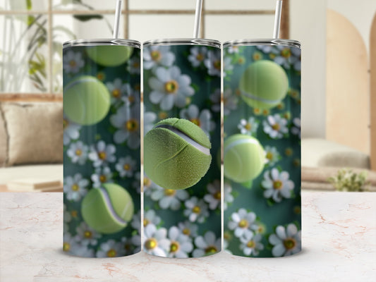 Triptych of tumblers with tennis balls and daisies on a patterned surface.