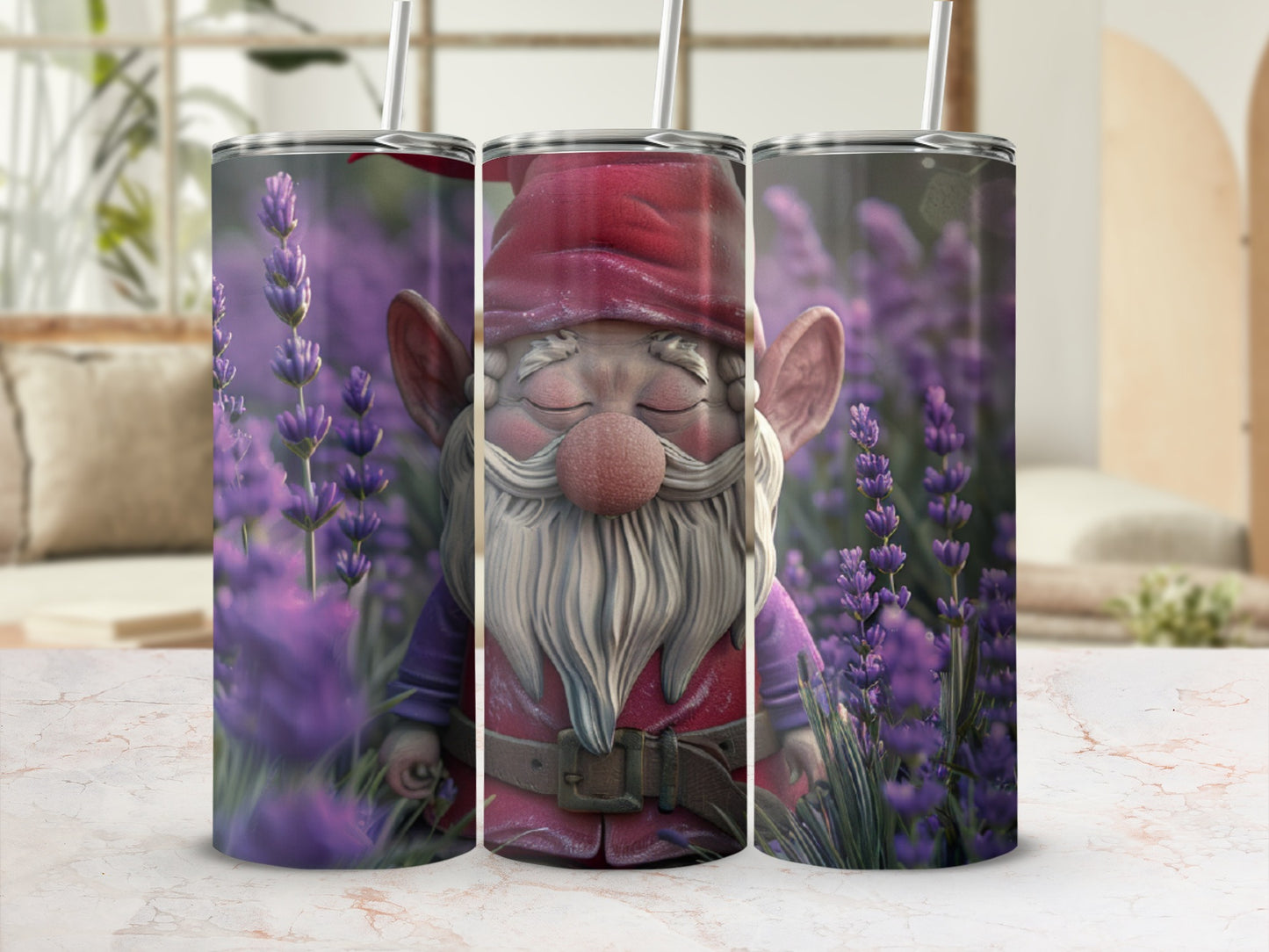 Three tumblers featuring a sleeping gnome with a red hat and beard, surrounded by lavender.