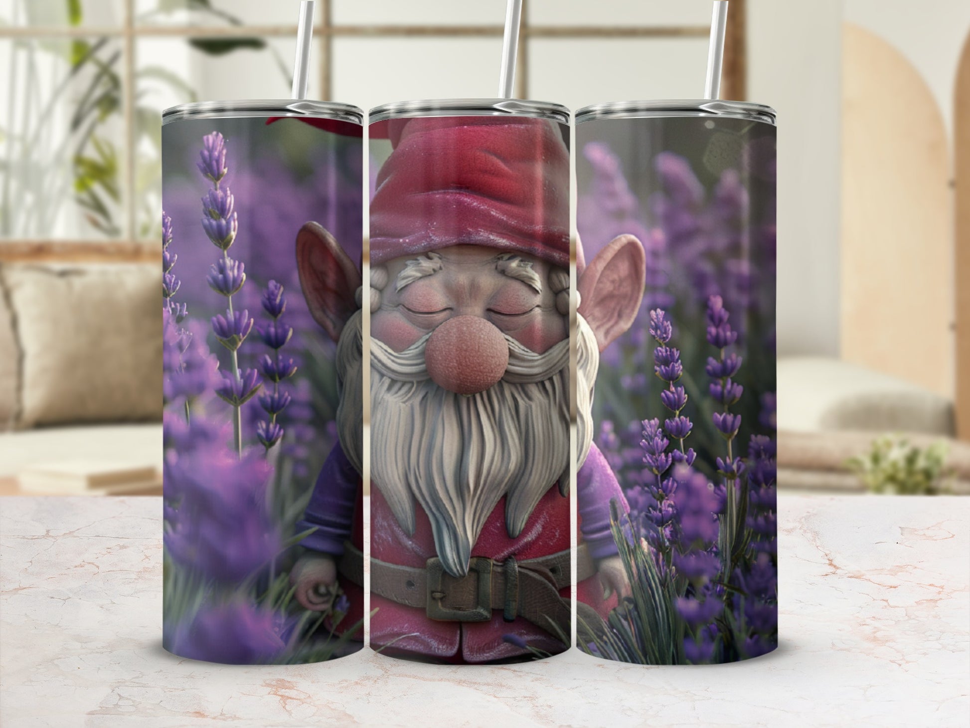 Three tumblers featuring a sleeping gnome with a red hat and beard, surrounded by lavender.