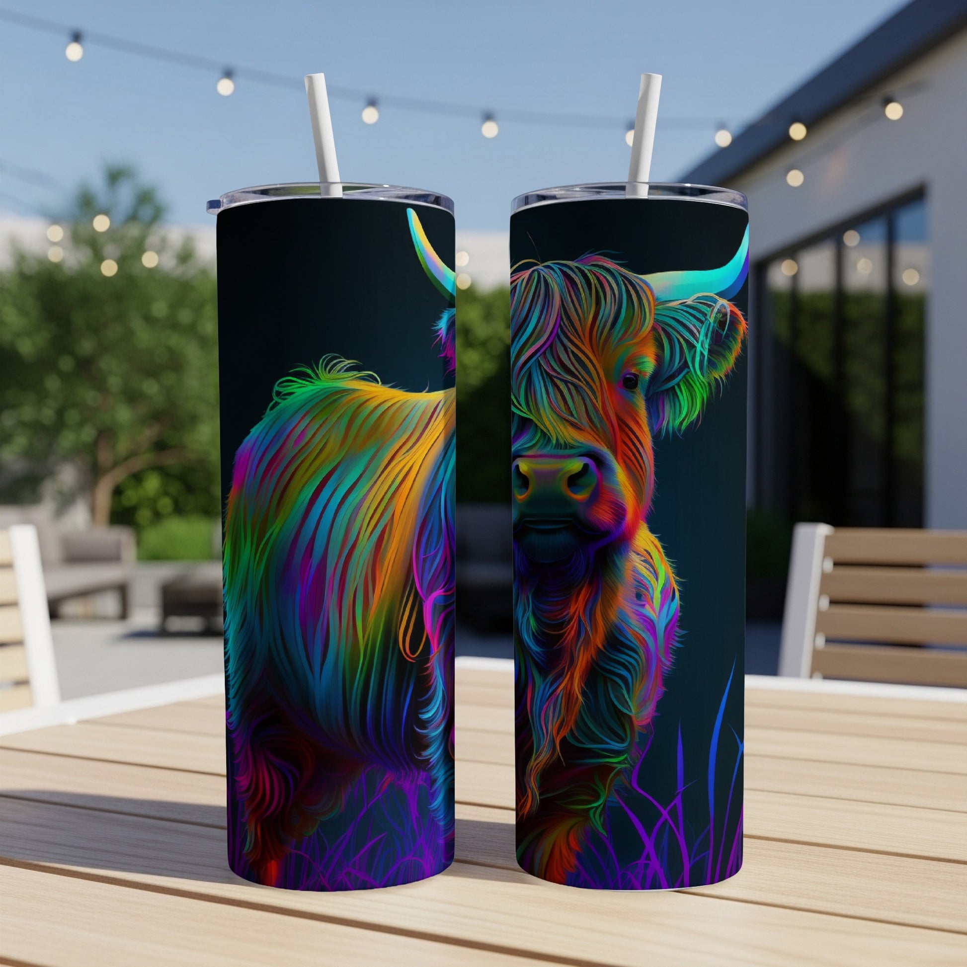 Colorful highland cow portrait on two tumblers.