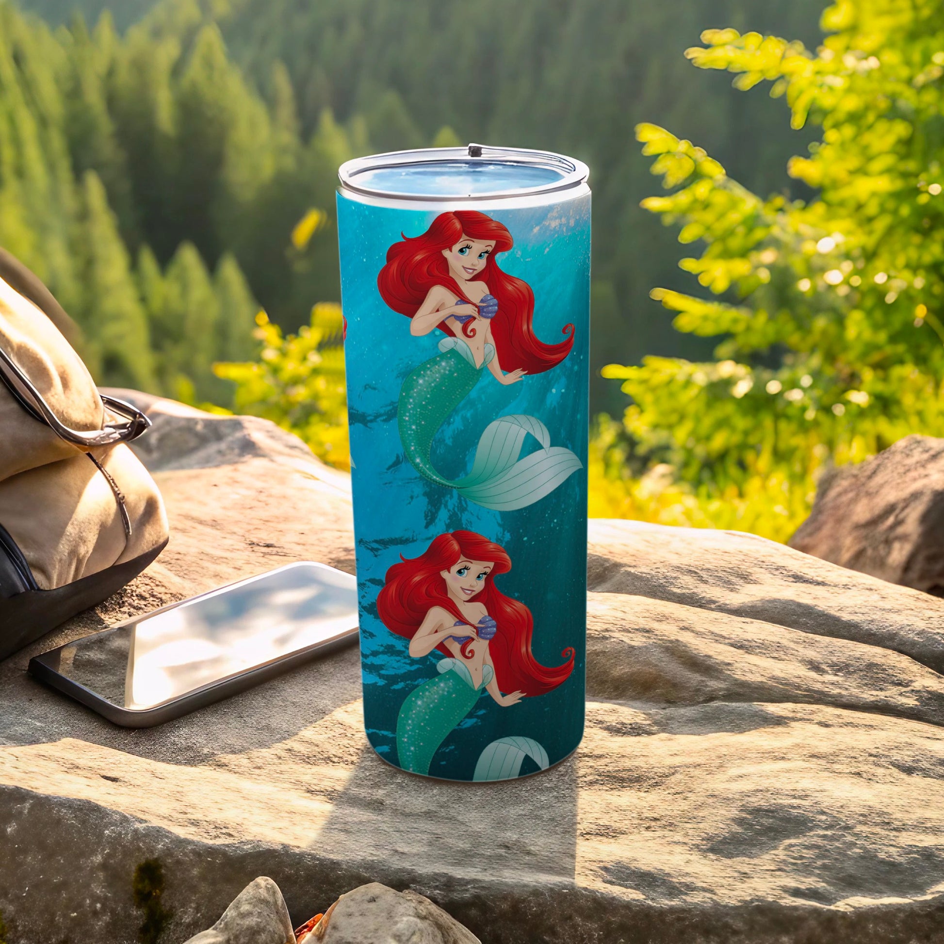 Vibrant Red-Haired Mermaid Design Tumbler Cup