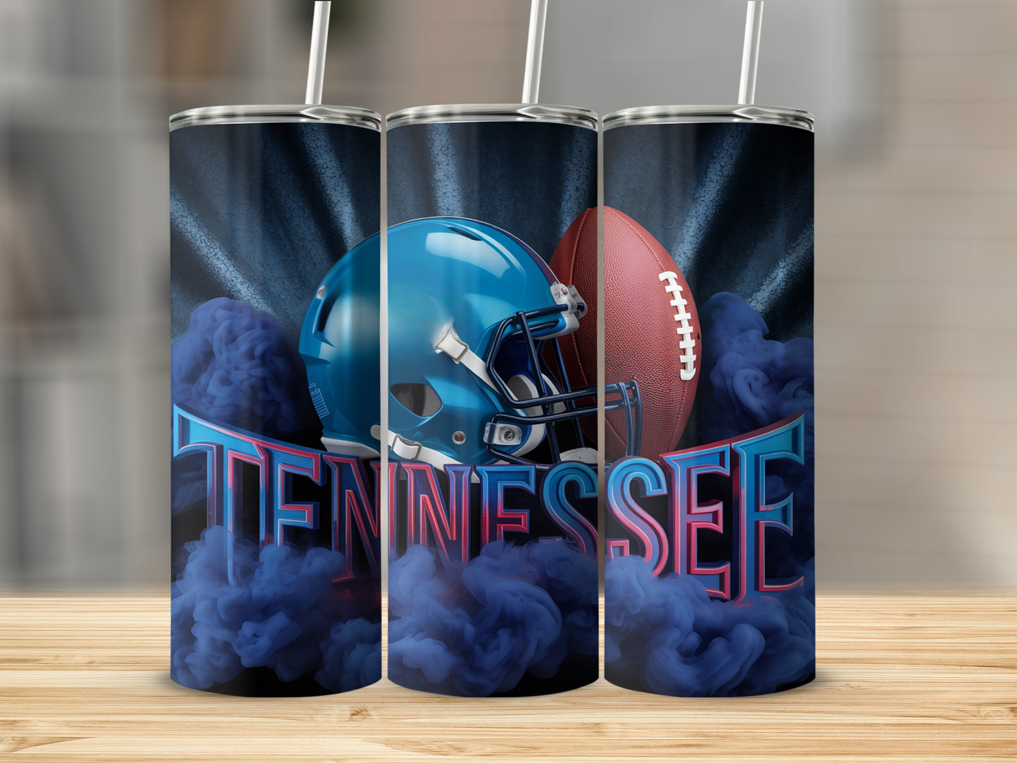 Tennessee football helmet and ball with blue smoke and lettering.