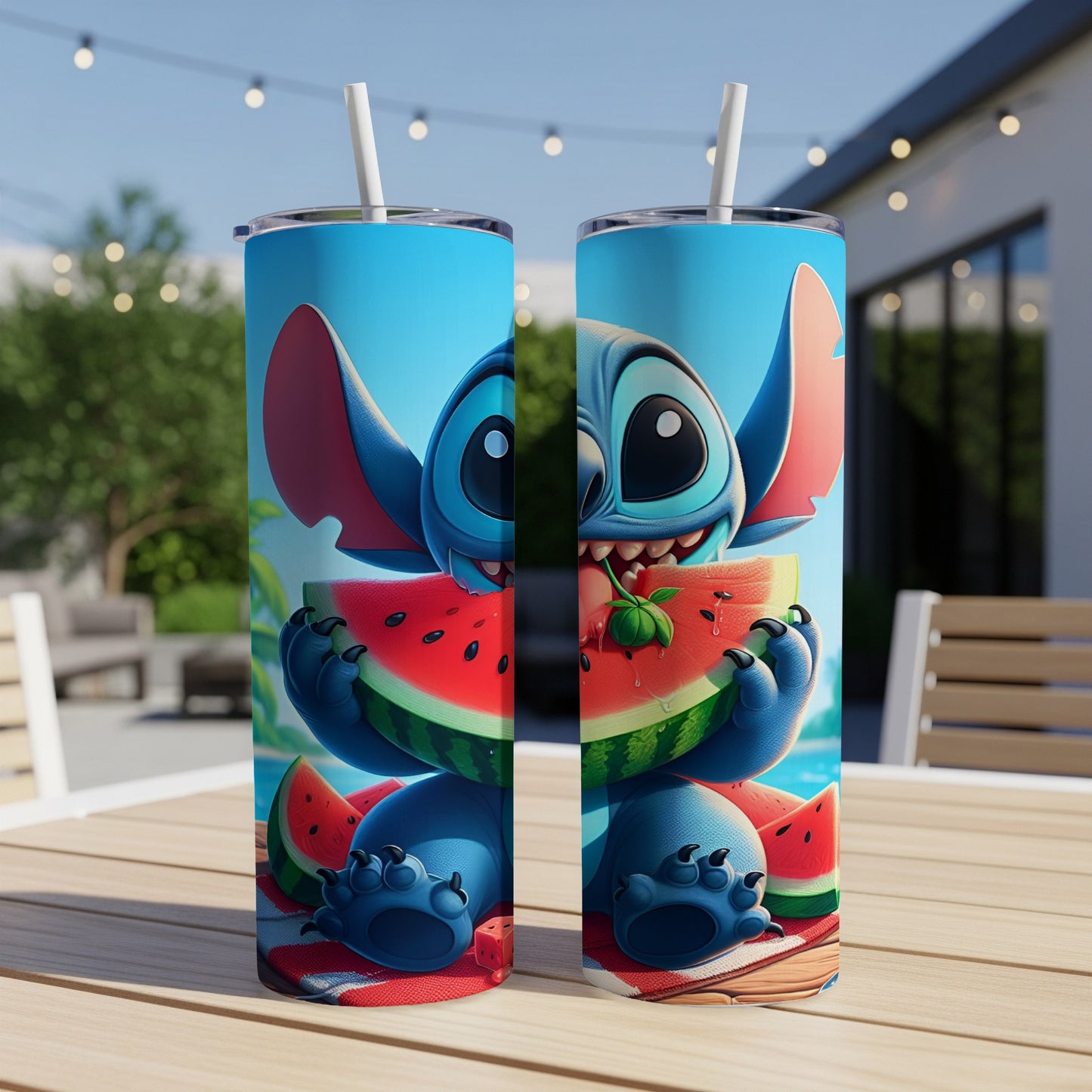 Stitch character eating watermelon on two blue tumblers.
